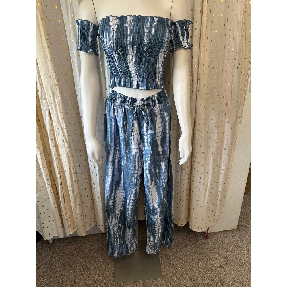 Style House 2 Piece Indigo Tie Dye Smocked Off Shoulder Crop Top Wide Leg Pants